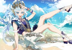 Rule 34 | 1girl, beach, blue eyes, blue hair, blue sky, blush, bracelet, cropped shirt, hair ornament, highres, hololive, hololive indonesia, indonesian clothes, jewelry, kobo kanaeru, kobo kanaeru (indonesian dress), long hair, looking at viewer, lynnear, multicolored hair, official alternate costume, official alternate hairstyle, open mouth, ponytail, salute, sitting, sky, sleeveless, smile, solo, teeth, two-finger salute, two-tone hair, upper teeth only, virtual youtuber, wedge heels, white hair
