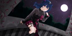 Rule 34 | 1girl, artist name, artist request, bare legs, black dress, black footwear, black nails, black skirt, blue hair, blush, boots, butterfly wings, cloud, collared dress, double bun, dress, earrings, female focus, flower earrings, frilled dress, frills, galaxyplums, guilty kiss (love live!), hair bun, hair ribbon, highres, insect wings, jewelry, long hair, looking at viewer, love live!, love live! sunshine!!, moon, nail polish, nails, necklace, new romantic sailors, night, night sky, outdoors, outstretched arms, parted lips, purple eyes, red skirt, ribbon, sitting, skirt, sky, smile, solo, sparkle print, striped clothes, striped dress, tiara, tsushima yoshiko, wings