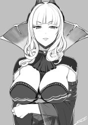 1girl arm_under_breasts blunt_bangs bondage_outfit breasts breasts_apart carmilla_(fate) cleavage corset curly_hair detached_sleeves fate/grand_order fate_(series) fue_(rhomphair) greyscale highres horns large_breasts lips long_hair looking_at_viewer monochrome shoulder_pads solo strapless supportasse upper_body