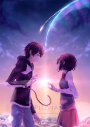Rule 34 | 10s, 1boy, 1girl, absurdres, blue eyes, brown eyes, brown hair, cloud, comet, commentary, diffraction spikes, eye contact, height difference, highres, hood, hoodie, kimi no na wa., long sleeves, looking at another, miniskirt, miyamizu mitsuha, pluvias, red ribbon, ribbon, school uniform, short hair, skirt, sweater vest, tachibana taki, tears, twilight, watermark, wrist ribbon