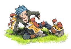 Rule 34 | 1boy, baby panther, biting, blue eyes, blue hair, boots, camus (dq11), dated, dragon quest, dragon quest xi, fingerless gloves, gloves, grass, jewelry, kinako (462), looking down, male focus, necklace, short hair, simple background, spiked hair, white background