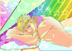 Rule 34 | 1boy, bad id, bad pixiv id, battle tendency, blonde hair, boruneotou, caesar anthonio zeppeli, fabulous, facial mark, feather hair ornament, feathers, green eyes, feather hair ornament, headband, heart, jojo no kimyou na bouken, lying, male focus, on stomach, patterned background, pectorals, ribbon, scarf, topless male, solo, star (symbol), striped