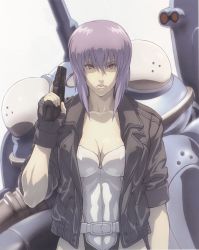 Rule 34 | 1girl, absurdres, belt, breasts, cleavage, fingerless gloves, ghost in the shell, ghost in the shell stand alone complex, gloves, gun, highres, jacket, kusanagi motoko, large breasts, leotard, lips, official art, purple hair, red eyes, solo, tachikoma, theafn, weapon