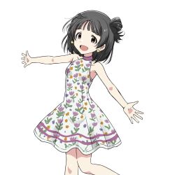 Rule 34 | 1girl, armpits, bare shoulders, black hair, blunt bangs, blush, breasts, collarbone, cowboy shot, dot nose, dress, earrings, eyelashes, floral print, floral print dress, hair bun, highres, idolmaster, idolmaster million live!, idolmaster million live! theater days, jewelry, matcha kingyo, medium hair, nakatani iku, official alternate costume, open hands, open mouth, outstretched arms, print dress, sidelocks, single side bun, sleeveless, small breasts, solo, spread arms, wind, wind lift