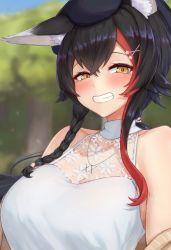Rule 34 | 1girl, animal ear fluff, animal ears, bare shoulders, beige cardigan, beret, black hair, black hat, blurry, blurry background, blush, braid, breasts, cardigan, cream cod, day, grin, hair between eyes, hair ornament, hairclip, hat, high-waist skirt, highres, hololive, jewelry, lace, large breasts, long hair, looking at viewer, low ponytail, multicolored hair, necklace, off shoulder, ookami mio, ookami mio (street), outdoors, red hair, shirt, side braid, sidelocks, skirt, sleeveless, sleeveless shirt, smile, solo, standing, streaked hair, very long hair, virtual youtuber, white shirt, wide ponytail, wolf ears, wolf girl, x hair ornament, yellow eyes