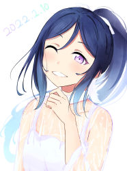 Rule 34 | 1girl, ;), artist name, artist request, blue hair, blush, bow, breasts, close-up, collarbone, collared dress, dress, earrings, feather earrings, feathers, female focus, hair between eyes, hair bow, high ponytail, highres, jewelry, long hair, looking at viewer, love live!, love live! school idol festival, love live! sunshine!!, matsuura kanan, one eye closed, parted lips, plaid, plaid dress, pleated, pleated dress, ponytail, purple eyes, smile, solo, teeth, the story of feather (love live!), white background, white bow, white dress, wink