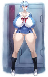 Rule 34 | 1girl, ahoge, ayanami rei, blue hair, breasts, cameltoe, cleft of venus, covered erect nipples, full body, hair between eyes, highres, huge breasts, looking at viewer, microskirt, miniskirt, mogudan, neon genesis evangelion, partially visible vulva, puffy nipples, puffy vulva, pulled up dress, red ribbon, ribbon, sailor collar, school uniform, shirt, short hair, skin tight, skirt, solo, thick thighs, thighs, thong, wedgie, white shirt, wide hips