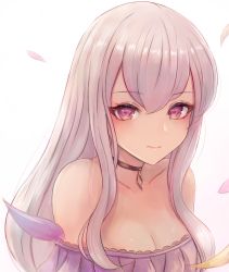 Rule 34 | 1girl, bare shoulders, black choker, blush, breasts, choker, cleavage, closed mouth, collarbone, fire emblem, fire emblem: three houses, leonmandala, long hair, looking at viewer, lysithea von ordelia, nintendo, off shoulder, petals, portrait, purple eyes, sidelocks, silver hair, simple background, small breasts, solo, white background