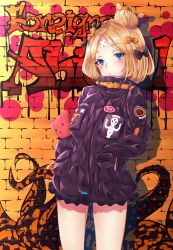 Rule 34 | 1girl, abigail williams (fate), abigail williams (traveling outfit) (fate), black bow, black jacket, blonde hair, blue eyes, blush, bow, brick wall, character name, closed mouth, commentary request, crossed bandaids, fate/grand order, fate (series), graffiti, hair bow, hair bun, hands in pockets, head tilt, highres, jacket, long hair, long sleeves, looking at viewer, hugging object, official alternate costume, orange bow, parted bangs, polka dot, polka dot bow, single hair bun, siroimo0828, sleeves past fingers, sleeves past wrists, solo, standing, stuffed animal, stuffed toy, suction cups, teddy bear, tentacles