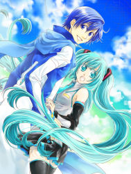 Rule 34 | 1boy, 1girl, aqua eyes, aqua hair, bad id, bad pixiv id, blue eyes, blue hair, blue scarf, cloud, day, detached sleeves, hatsune miku, kaito (vocaloid), long hair, necktie, open mouth, scarf, skirt, sky, smile, thighhighs, tm om, tomuomi, twintails, very long hair, vocaloid