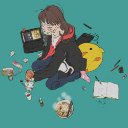 Rule 34 | 1girl, absurdres, animal-shaped pillow, aqua background, black jacket, blouse, blue pants, blush, book, bowl, brown eyes, brown hair, chopsticks, coffee mug, commentary request, computer, cold pack, crumpled paper, cup, discord, drawing tablet, egg, eraser, food, full body, highres, honey, huge filesize, inkwell, jacket, laptop, long hair, mask, mouth mask, mug, no pupils, noodles, open book, original, pants, pen, pencil, pink socks, pouring, ramen, shiki haru, shirt, simple background, sitting, socks, solo, spoon, steam, stylus, surgical mask, teacup, track pants, udon, wariza, white shirt