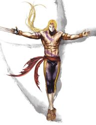 Rule 34 | 1boy, abs, armlet, armpits, blonde hair, bracelet, capcom, claw (weapon), crossed legs, fingerless gloves, floating hair, gloves, jewelry, kneehighs, long hair, looking at viewer, male focus, mask, muscular, navel, nipples, outstretched arms, pants, sash, shoes, single vertical stripe, snake, socks, solo, spaniard, spanish (nationality), spanish text, spread arms, standing, street fighter, tattoo, topless male, torn clothes, vega (street fighter), very long hair, weapon, white socks, yue sheng shi