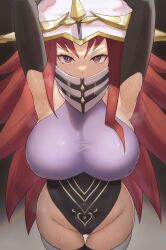 Rule 34 | 1girl, absurdres, armpits, arms up, beyond the pendulum, breasts, duel monster, elbow gloves, gloves, hat, highres, inverted nipples, large breasts, leotard, long hair, looking at viewer, red eyes, red hair, restrained, solo, sweat, thighhighs, unnunal (unneonal), yu-gi-oh!