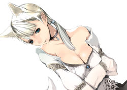 Rule 34 | 1girl, animal ears, bare shoulders, blonde hair, blouse, blue eyes, breasts, capcom, choker, cleavage, demento, dog ears, dog tail, fiona belli, hair tie, hewie, houden eizou, jewelry, large breasts, off shoulder, ponytail, shirt, simple background, solo, tail, third-party edit, white background
