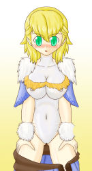 Rule 34 | 1girl, blonde hair, blush, bodypaint, breasts, cameltoe, collarbone, final fantasy, final fantasy crystal chronicles, gradient background, green eyes, highleg, highleg leotard, leotard, navel, nipples, painted clothes, raccoon tail selkie (female), selkie, solo, thighs, white leotard