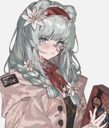 Rule 34 | 1girl, animal ears, aogisa, arknights, bad id, bad twitter id, bear ears, beige jacket, blue eyes, blush, book, braid, buttons, closed mouth, collar, collared shirt, female focus, fingernails, flower, hair flower, hair ornament, hair over shoulder, highres, holding, holding book, istina (arknights), istina (bibliosmia) (arknights), jacket, long hair, long sleeves, looking at viewer, monocle, neckerchief, official alternate costume, open clothes, open jacket, red neckerchief, shirt, silver hair, simple background, solo, twin braids, upper body, white background, white flower