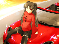 Rule 34 | 00s, 1girl, black thighhighs, car, fate/stay night, fate (series), left-hand drive, long hair, motor vehicle, red eyes, solo, thighhighs, tohsaka rin, turtleneck, twintails, two side up, vehicle