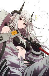 Rule 34 | 1girl, absurdres, arknights, black bra, black choker, black gloves, bra, breasts, choker, closed mouth, commentary, demon horns, english commentary, expressionless, feet out of frame, from side, gloves, grey hair, grey jumpsuit, hair ornament, hammer, highres, holding, holding hammer, horns, jumpsuit, long hair, looking at viewer, material growth, medium breasts, mudrock (arknights), mudrock (elite ii) (arknights), navel, notice lines, open jumpsuit, oripathy lesion (arknights), over shoulder, red eyes, samacho, sidelocks, simple background, sitting, sledgehammer, solo, sports bra, underwear, weapon, weapon over shoulder, white background
