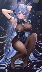 Rule 34 | 1girl, :3, animal ears, armband, arme (cgsy7484), armpits, arms behind head, arms up, azur lane, black pantyhose, blue eyes, blue hair, blush, bodystocking, breasts, cleavage, collar, curvy, fake animal ears, highres, knee up, large breasts, leotard, looking at viewer, necktie, new jersey (azur lane), new jersey (exhilarating steps!) (azur lane), official alternate costume, pantyhose, playboy bunny, pole, pole dancing, rabbit ears, seductive smile, see-through, see-through cleavage, skindentation, smile, solo, stripper, stripper pole