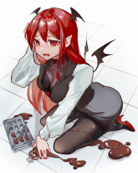 Rule 34 | 1girl, absurdres, accident, bat wings, black pantyhose, black skirt, black vest, bra visible through clothes, breasts, chocolate, cleavage, fang, floral print, full body, hair between eyes, hand up, head wings, high heels, highres, kestie choi, koakuma, light blush, long hair, long sleeves, mold (casting), nail polish, open mouth, pantyhose, pointy ears, red eyes, red hair, red nails, sad, see-through, shirt, skin fang, skirt, slit pupils, solo, spill, tearing up, thighs, tile floor, tiles, touhou, underwear, valentine, very long hair, vest, white shirt, wings, ||/