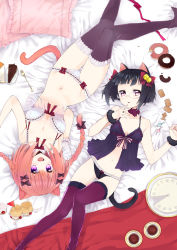 Rule 34 | 2girls, animal ears, babydoll, bare shoulders, bed sheet, bell, black hair, bow, bra, braid, breasts, cake, candy, cat ears, cat tail, choker, cleavage, cookie, cream puff, cup, doughnut, food, frilled bra, frilled panties, frills, glasses, gloves, groin, hair bell, hair bow, hair ornament, large breasts, long hair, looking at viewer, lying, mirakururu, multiple girls, navel, on back, open mouth, original, panties, parted lips, pillow, purple eyes, red eyes, red hair, ribbon choker, rimless eyewear, saucer, short hair, small breasts, smile, tail, tareme, tea, teacup, thigh gap, thighhighs, twin braids, underwear, underwear only, wide hips, wristband