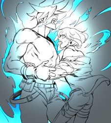 Rule 34 | 2boys, aura, bae (baebae), blue fire, breath weapon, breathing fire, detached sleeves, fire, firefighter jacket, galo thymos, glowing, hair over eyes, highres, hug, jacket, lio fotia, male focus, multiple boys, partially colored, pectorals, promare, single detached sleeve, topless male