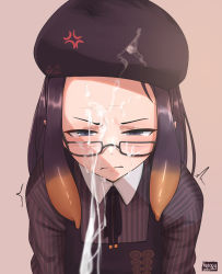 Rule 34 | 1girl, anger vein, angry, black hat, black ribbon, closed mouth, collared shirt, cum, cum on eyewear, cum on headwear, cum string, facial, female focus, forehead, glasses, hat, highres, hololive, hololive english, long hair, looking at viewer, neck ribbon, ninomae ina&#039;nis, ninomae ina&#039;nis (casual), nyaxxy, pinstripe pattern, pinstripe shirt, purple eyes, purple hair, ribbon, shirt, simple background, solo, striped, tentacle hair, upper body, virtual youtuber
