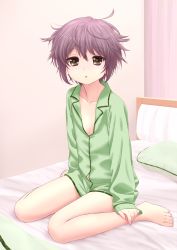 Rule 34 | 1girl, akahige, barefoot, bed, bed sheet, breasts, cleavage, face, feet, flat chest, highres, long sleeves, messy hair, nagato yuki, naked shirt, no pants, open clothes, open shirt, pajamas, pillow, purple hair, room, shirt, short hair, sleepwear, sleeves past wrists, solo, suzumiya haruhi no yuuutsu, toes, window, yellow eyes