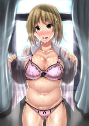 Rule 34 | 10s, 1girl, absurdres, bad id, bad pixiv id, bra, breasts, brown eyes, brown hair, cleavage, curtains, floral print, highres, idolmaster, idolmaster cinderella girls, lace, lace-trimmed bra, lace-trimmed panties, lace trim, large breasts, looking at viewer, mimura kanako, navel, open clothes, open mouth, open shirt, panties, plump, rihitozoire, shirt, short hair, sweat, underwear, window