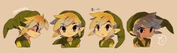 Rule 34 | ..., 1boy, artist request, closed mouth, green tunic, hat, highres, link, looking at viewer, multiple views, nintendo, pointy ears, short hair, simple background, spoken ellipsis, the legend of zelda, the legend of zelda: spirit tracks, the legend of zelda: the wind waker, tokuura, toon link, translation request, tunic