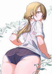 Rule 34 | 1girl, artist name, artist request, bare legs, blush, breasts, brown hair, female focus, hair between eyes, holding, holding clothes, holding shirt, koizumi hanayo, looking at viewer, looking back, love live!, love live! school idol project, medium breasts, one-piece swimsuit, parted lips, ponytail, purple eyes, repunit, shirt, short hair, sideboob, smile, solo, striped clothes, striped one-piece swimsuit, swimsuit, vertical-striped clothes, vertical-striped one-piece swimsuit, wet, wet clothes, white shirt