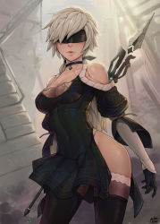 Rule 34 | 1girl, bare shoulders, black dress, black gloves, blindfold, boots, breasts, choker, cleavage, commission, covered eyes, covered navel, cowboy shot, detached sleeves, dress, gloves, highleg, highleg dress, highres, holding, holding weapon, joints, leotard, leotard under clothes, lips, long hair, low ponytail, medium breasts, nier (series), nier:automata, original, polearm, robot joints, ruins, scar, scar across eye, scar on face, silver hair, solo, spear, thigh boots, thighhighs, thighhighs under boots, vambraces, weapon, yellowroom, 2b (nier:automata)