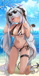 Rule 34 | 1girl, bare arms, bare shoulders, barefoot, bikini, black bikini, black choker, black gloves, blue archive, blue sky, blush, breasts, choker, closed mouth, cloud, collarbone, comiket 102, commentary request, dark-skinned female, dark skin, day, demon tail, eyewear on head, gloves, grey hair, hands up, head tilt, highres, ichiyou moka, iori (blue archive), iori (swimsuit) (blue archive), kneeling, large breasts, long hair, multi-strapped bikini bottom, navel, outdoors, pointy ears, red eyes, side-tie bikini bottom, sky, solo, sunglasses, swimsuit, tail, twintails, very long hair, water