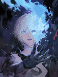 Rule 34 | absurdres, ahoge, armor, blue eyes, blue fire, commentary request, facing viewer, fiery hair, fire, flaming eye, gauntlets, glowing, glowing eyes, granblue fantasy, hair between eyes, highres, holding, looking at viewer, lucilius (granblue fantasy), male focus, messy hair, outstretched hand, parted lips, scar, scar on neck, shoulder armor, shoulder spikes, spikes, stitched neck, stitches, tki, topless male, upper body, white hair