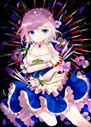 Rule 34 | 1girl, apron, between fingers, black background, blue dress, blue eyes, braid, breasts, cleavage, commentary request, dress, feet out of frame, flower, frilled apron, frills, green ribbon, hair ribbon, holding, holding knife, izayoi sakuya, jewelry, knife, knives between fingers, leg up, looking at viewer, maid, maid apron, maid headdress, medium breasts, pansy, petticoat, puffy short sleeves, puffy sleeves, purple flower, purple pansy, ribbon, sakizaki saki-p, short hair, short sleeves, silver hair, solo, touhou, twin braids, waist apron, white apron, wrist cuffs