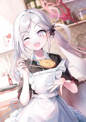 Rule 34 | 1girl, apron, black scrunchie, black shirt, blue archive, blush, chopsticks, chosunbe, food, frilled apron, frills, grey hair, hair ornament, hair scrunchie, halo, heart, highres, holding, holding chopsticks, indoors, long hair, looking at viewer, mutsuki (blue archive), omelet, open mouth, purple eyes, red halo, scrunchie, shirt, side ponytail, smile, solo, tamagoyaki, white apron