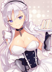 Rule 34 | 1girl, arm guards, azur lane, belfast (azur lane), braid, breasts, chain, cleavage, closed mouth, collar, collarbone, corset, dress, dutch angle, food, french braid, frills, holding, holding plate, large breasts, light purple hair, long hair, looking at viewer, maid headdress, ootani mikoto, plate, purple eyes, sandwich, shiny skin, smile, solo, strapless, strapless dress, upper body, very long hair, white dress
