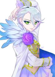 Rule 34 | 1girl, aiguillette, androgynous, arm behind head, arm up, bad id, bad twitter id, cape, feathers, flower, gold trim, green eyes, grey hair, hair between eyes, idol clothes, jacket, long sleeves, looking at viewer, mdr onj1807, open mouth, pretty series, pripara, purple flower, purple rose, reverse trap, rose, shikyoin hibiki, short hair, simple background, smile, solo, upper body, white background, white cape, white jacket