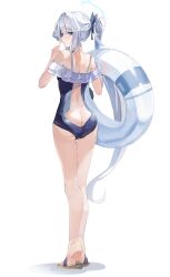 Rule 34 | 1girl, absurdres, ass, back cutout, blue archive, blue one-piece swimsuit, blush, closed mouth, clothing cutout, feet, frilled one-piece swimsuit, frills, from behind, full body, ggab0621, grey eyes, grey hair, hair intakes, hands up, highres, holding, innertube, legs, long hair, looking at viewer, looking back, miyako (blue archive), miyako (swimsuit) (blue archive), off-shoulder one-piece swimsuit, off shoulder, one-piece swimsuit, pointing, pointing up, sandals, shadow, sidelocks, simple background, smile, soles, solo, swim ring, swimsuit, very long hair, white background, white innertube