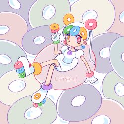 Rule 34 | 1girl, bright pupils, cereal, crossed legs, earrings, expressionless, gloves, hand up, heterochromia, highres, index finger raised, jewelry, long hair, milk, original, puffy short sleeves, puffy sleeves, red eyes, shoes, short sleeves, solo, tanpong dang, twintails, white footwear, white gloves, white hair, white pupils, wide shot, yellow eyes