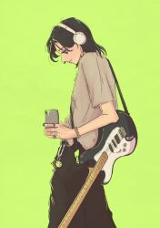 1girl aoedeart black_hair black_pants bracelet cellphone commentary electric_guitar english_commentary feet_out_of_frame from_side green_background grey_shirt guitar guitar_strap highres holding holding_phone instrument jewelry kininatteru_hito_ga_otoko_ja_nakatta koga_mitsuki mole mole_under_eye multiple_rings pants phone ring shirt short_hair signature smartphone solo white_headphones