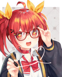 Rule 34 | 1girl, :d, ahoge, bad id, bad pixiv id, black jacket, bow, collar, collared shirt, commentary request, dress shirt, glasses, hair between eyes, hair ribbon, heart, highres, holding, holding stylus, jacket, long sleeves, mvv, open clothes, open jacket, open mouth, orange ribbon, original, puffy long sleeves, puffy sleeves, red-framed eyewear, red bow, red collar, red eyes, red hair, ribbon, round teeth, shirt, signature, smile, solo, star-shaped pupils, star (symbol), stylus, symbol-shaped pupils, teeth, twintails, upper teeth only, vivian (mvv), white shirt
