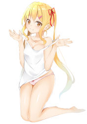 Rule 34 | 1girl, absurdres, bare arms, bare legs, bare shoulders, barefoot, blonde hair, blush, bow, bow panties, brown eyes, camisole, closed mouth, collarbone, commentary request, full body, hair between eyes, hair ornament, hair ribbon, hairclip, hands up, highres, hikashou, kneeling, long hair, original, panties, pink panties, pulled by self, red ribbon, ribbon, sidelocks, skindentation, smile, soles, solo, strap pull, twintails, underwear, very long hair, white background, white camisole