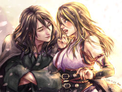 1boy 1girl bare_shoulders black_hair blonde_hair blue_eyes blush cherry_blossoms crossed_arms eye_contact green_kimono hair_between_eyes highres japanese_clothes kimono long_hair looking_at_another morito_leaf9 open_mouth setsuka smile soul_calibur soulcalibur soulcalibur_vi toumiya_shuugen upper_body