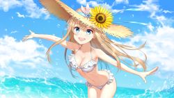 Rule 34 | 1girl, :d, bare arms, bare shoulders, bikini, blue eyes, blue sky, blush, breasts, cleavage, cloud, cloudy sky, collarbone, commentary request, day, flower, frilled bikini, frills, girls&#039; frontline, greem bang, hair between eyes, hat, hat flower, highres, horizon, leaning forward, light brown hair, long hair, medium breasts, navel, ocean, official alternate costume, open mouth, outdoors, outstretched arms, round teeth, sky, smile, solo, straw hat, sunflower, suomi (girls&#039; frontline), suomi (midsummer pixie) (girls&#039; frontline), swimsuit, teeth, upper teeth only, very long hair, water, white bikini, yellow flower