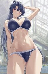 1girl arm_up bare_arms bare_shoulders bikini black_hair blue_bikini blush breasts from_below hiiragi_yuuichi kanzaki_ouka kendo_shoujo large_breasts long_hair looking_at_viewer looking_down navel parted_lips pool purple_eyes solo stomach swimsuit thighs