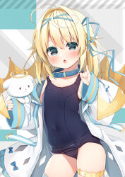 Rule 34 | 1girl, ahoge, animal, blonde hair, blue collar, blue eyes, blue one-piece swimsuit, blue ribbon, blush, chestnut mouth, collar, commentary request, covered navel, diagonal stripes, dog, dress, hair between eyes, hair intakes, hair ribbon, halo, hanamiya natsuka, long hair, long sleeves, looking at viewer, off shoulder, old school swimsuit, one-piece swimsuit, open door, open mouth, original, pinching sleeves, ribbon, school swimsuit, sleeves past wrists, solo, striped, swimsuit, swimsuit under clothes, white dress, wide sleeves