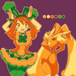 Rule 34 | 1girl, :d, alternate color, animal ears, arms up, blush stickers, brown eyes, brown hair, caramelldansen, cowboy shot, creatures (company), dress, fake animal ears, game freak, gen 4 pokemon, haruki sparsa, looking at another, lopunny, may (pokemon), may (spring 2021) (pokemon), nintendo, official alternate costume, open mouth, pantyhose, pokemon, pokemon (creature), pokemon masters ex, puffy short sleeves, puffy sleeves, purple background, rabbit ears, rabbit pose, rabbit tail, short sleeves, smile, tail, teeth, upper teeth only