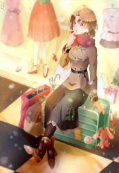 Rule 34 | 1girl, absurdres, bag, blush, boots, box, brown hair, coat, doll, fog, folded ponytail, gift, gift box, hayate no gotoku!, highres, jewelry, long hair, long skirt, maria (hayate no gotoku!), red eyes, scarf, shoes, sitting, skirt, snow, solo, suitcase, thighhighs, umbrella