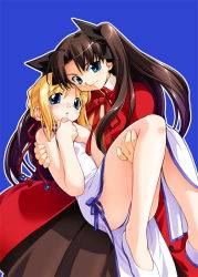 Rule 34 | 00s, 2girls, alternate costume, artoria pendragon (all), artoria pendragon (fate), blonde hair, blush, carrying, china dress, chinese clothes, dress, duplicate, fate/stay night, fate (series), multiple girls, princess carry, r-gray, saber (fate), tohsaka rin, two side up